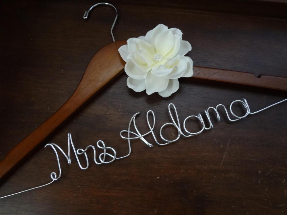 Personalized Wedding Dress Hanger With Ivory Fabric Flower